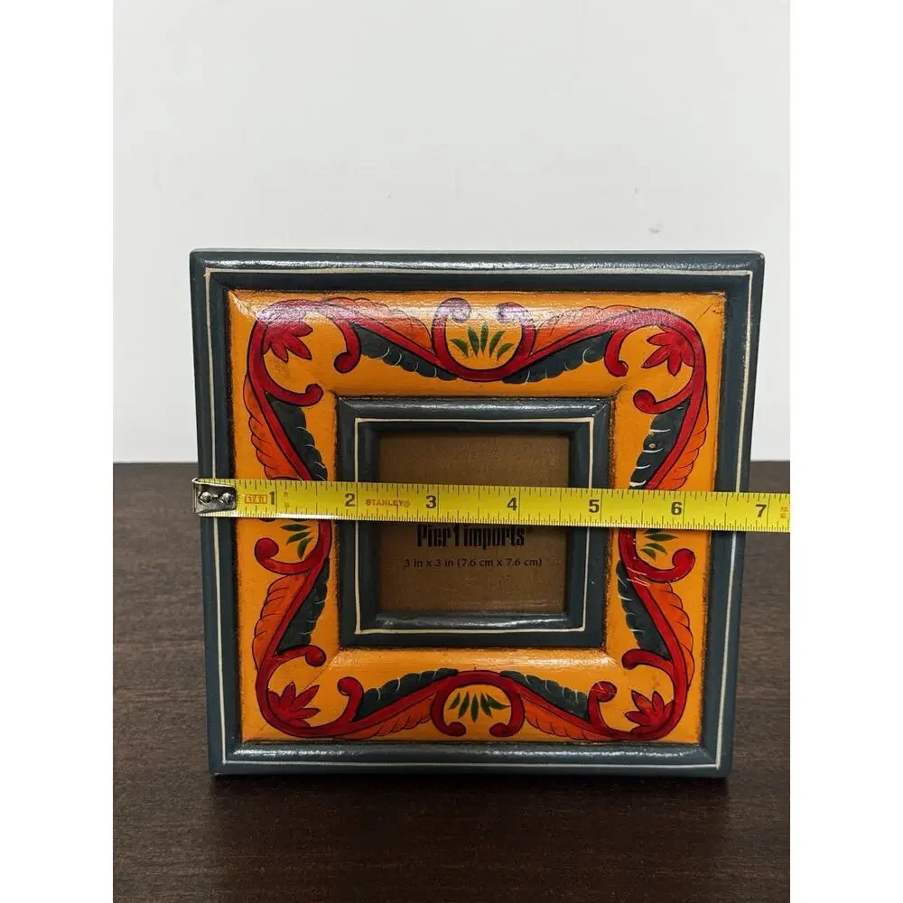 Pier 1 Imports Wooden Picture Frame Square Folk Art Boho Colorful Distressed